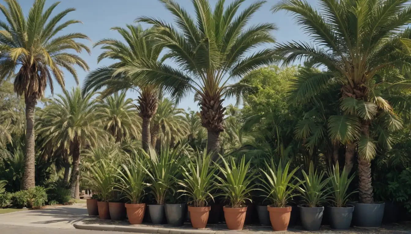 Palm trees with compact or dwarfed growth habit, possibly featuring multiple plants, soil, and pots, highlighting their unique characteristics, types, and care requirements