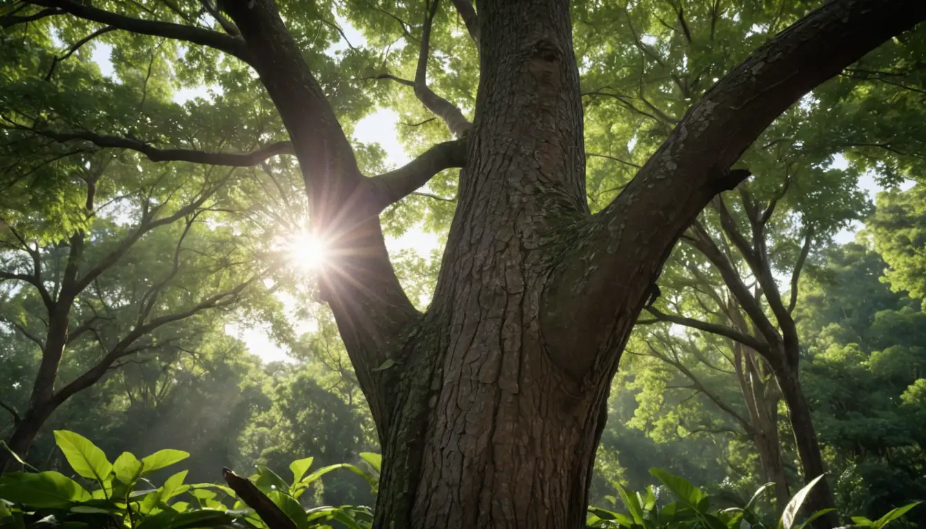 3D rendering of a mature Brazil nut tree trunk, with branches and foliage, featuring correct pruning techniques, such as thinning, reducing crown height, and removing deadwood, amidst a lush green landscape, with sunlight filtering through leaves
