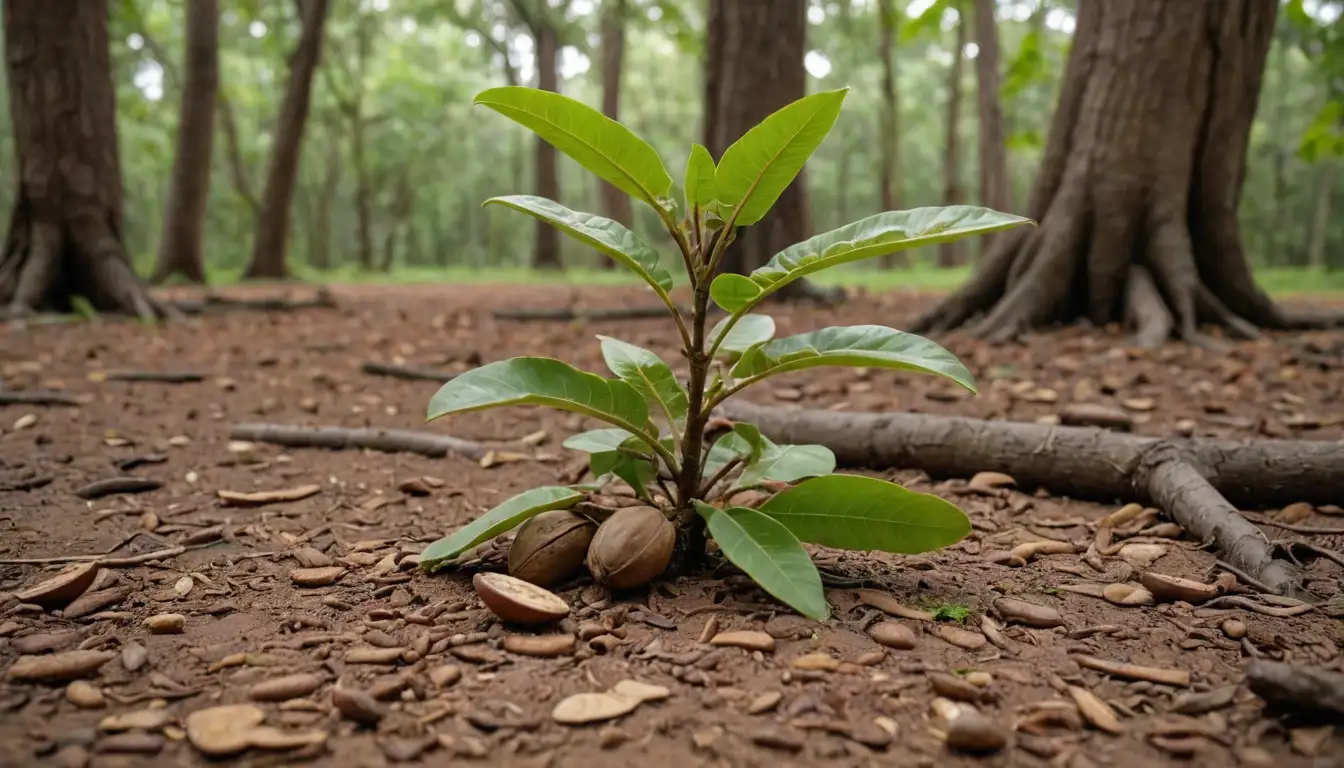 Mature Brazil nut tree with lush green leaves, dry cracked soil, wilting branches, brown leaf litter, scattered fruit, and a subtle background haze suggesting heat, with a focus on the trunks health issues, highlighting signs of drought stress like leaf scorch, browning tips, and cracks