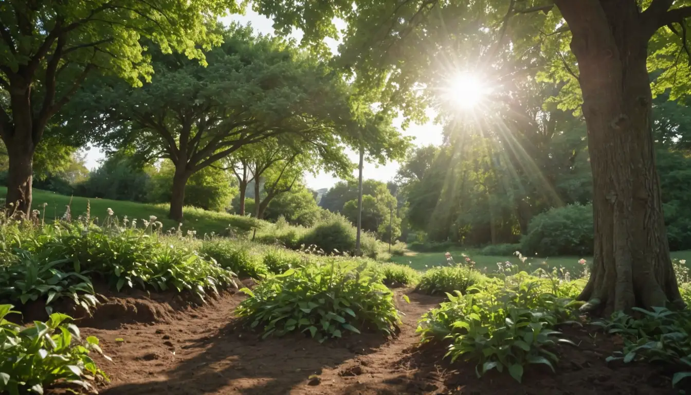 2 trees with leafy canopy, sunlight filtering through, fertile soil texture, garden tools scattered around, a few fruits/flowers visible, gentle hill in background, serene atmosphere