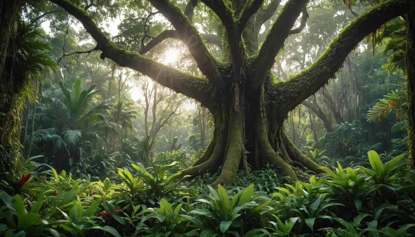 A lush green tropical landscape with a prominent Brazilian tree trunk centerstage, surrounded by vines and epiphytes, with hints of sunlight filtering through leaves and flowers blooming in vibrant colors, amidst a serene atmosphere, possibly featuring insects or small animals foraging among the foliage, conveying a sense of natural harmony