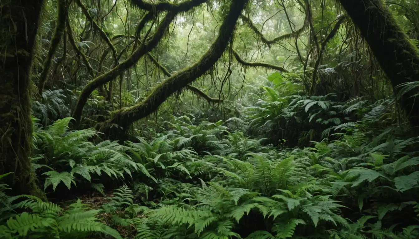 Dense foliage, sprawling vines, tangled tree branches, leafy canopy, forest floor covered in ferns, lush greenery, abundant epiphytes