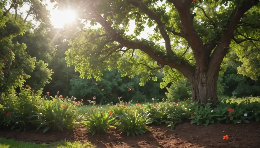A lush tree with vibrant green leaves and bright flowers