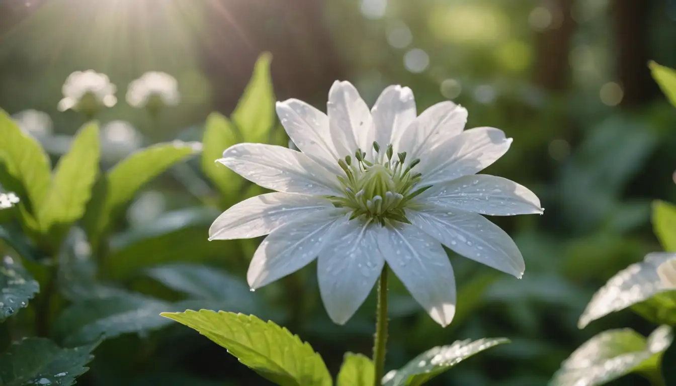 A delicate white flower with intricate details, surrounded by lush greenery, on a bright sunny background, with subtle hints of blue or purple to represent the morning dew or misty atmosphere, possibly featuring a few sprigs of foliage in the foreground
