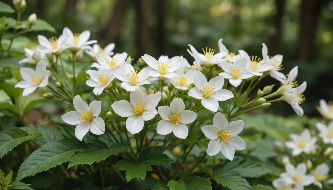Delicate white flowers with yellow centers, intertwined stems, lush green foliage, soft focus background, naturalistic setting, warm colors, inviting atmosphere