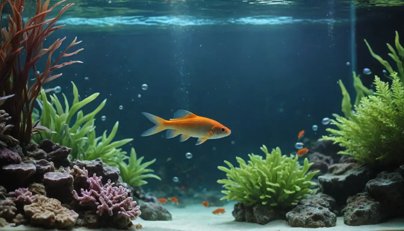 fish swimming near plants, calm water surface, bubbles rising, coral or rocks in the background, aquarium walls partially visible