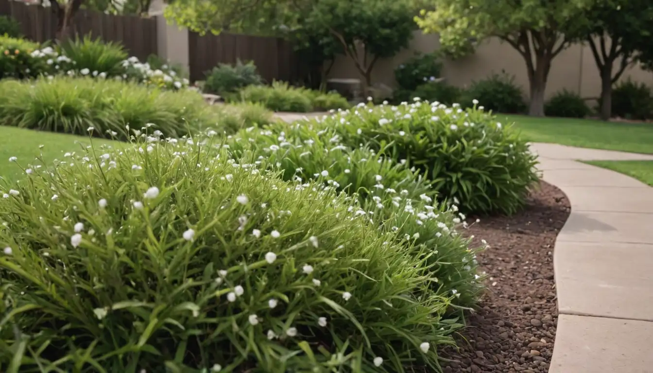 Lush green lawn, low-growing shrubs, drought-resistant plants, small white flowers, green stems, dry soil, brown leaves, sparse foliage, water droplets, grassy area with scattered plants, water-efficient landscape design, xeriscaping features