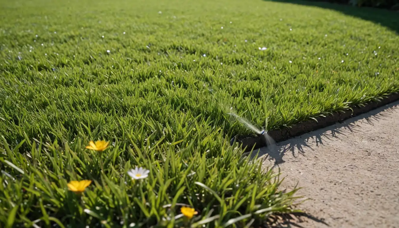 Green lawn with dry earth, drought-resistant grass, water-saving irrigation system, low-maintenance gardening tools, few drops of water on the soil, sun shining down, garden hose nearby, flowers blooming in between, natural texture of the turf, and a subtle shadow to represent conservation