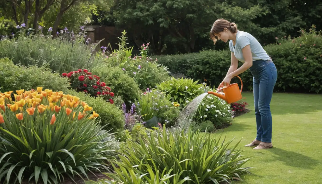 Water-efficient garden, lawn, and plants, person watering, bucket, watering can, greenery, flowers, foliage, drought-tolerant species, conservation measures, natural environments, ecological balance, low-lying water consumption, sustainable gardening practices, water-saving techniques, eco-friendly landscaping