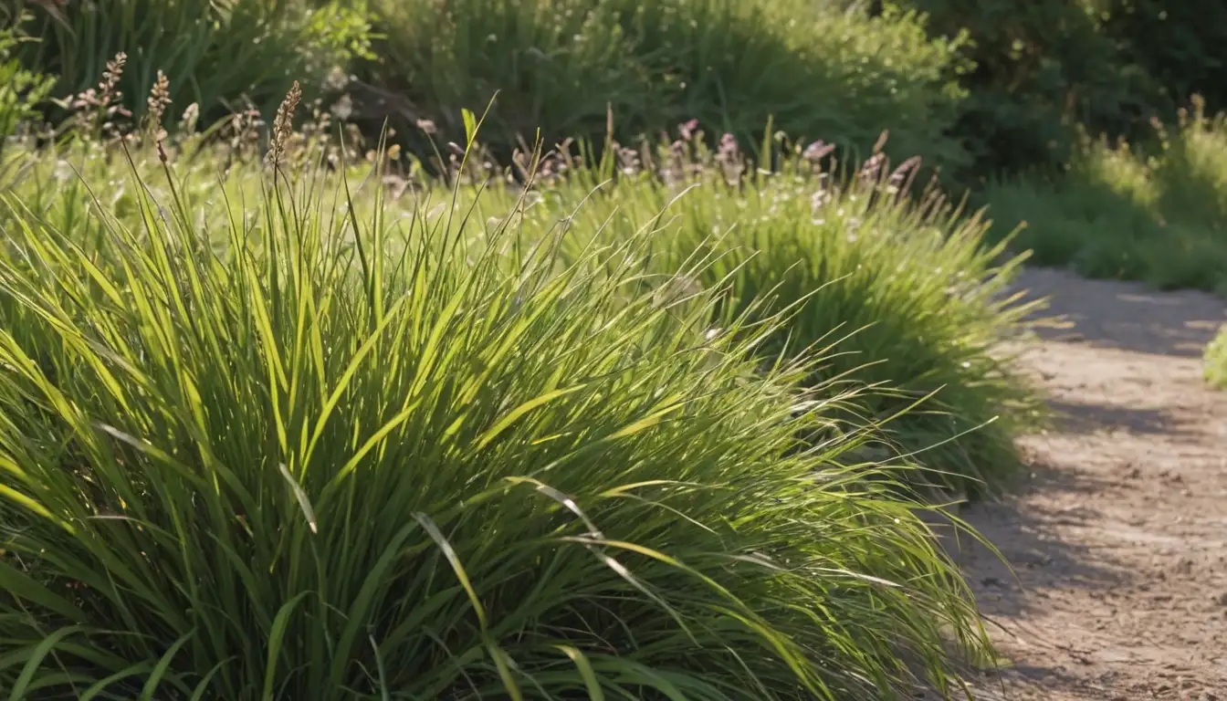 lush green lawns with various types of low-water grasses, close-up shots of individual blades, natural landscaping with wildflowers and shrubs, sun-drenched meadows, dry riverbeds with native vegetation, and subtle hints of drought-resistance