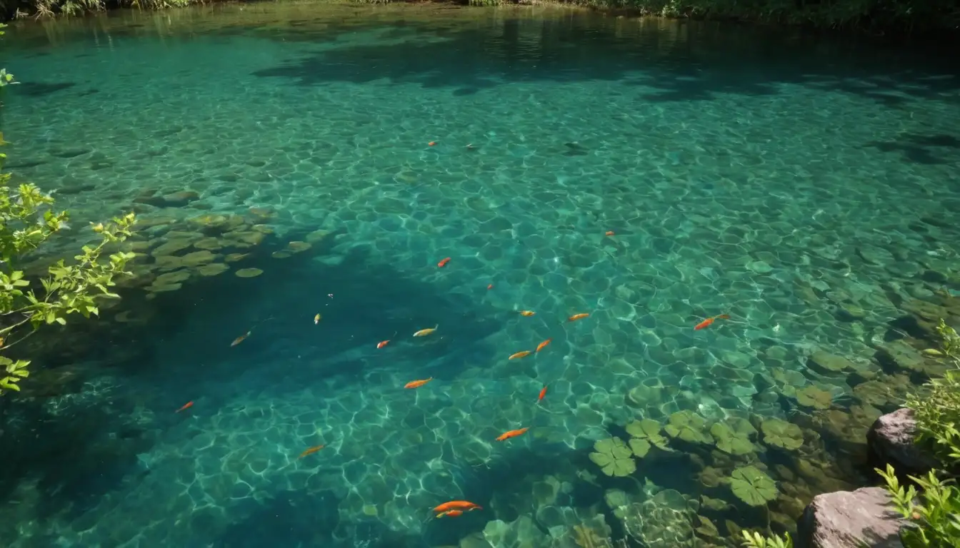 Clear blue water, calm lake surface, colorful fish swimming beneath, surrounded by lush greenery, warm sunlight filtering through trees, gentle ripples on the water, inviting atmosphere, tranquility