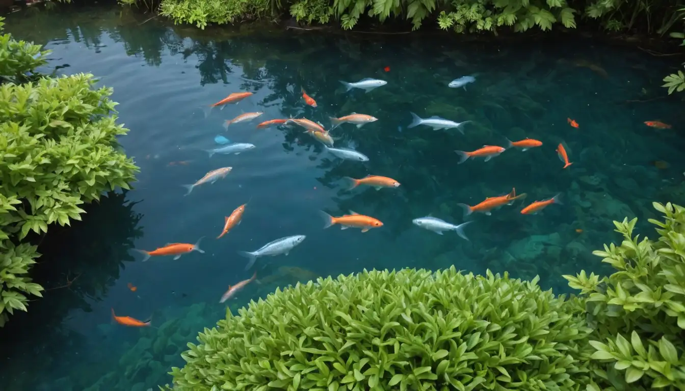 3-5 colorful fish swimming together in harmony, surrounded by lush green aquatic plants, soft water ripples, and a subtle gradient of blues to convey serenity, peacefulness, and tranquility