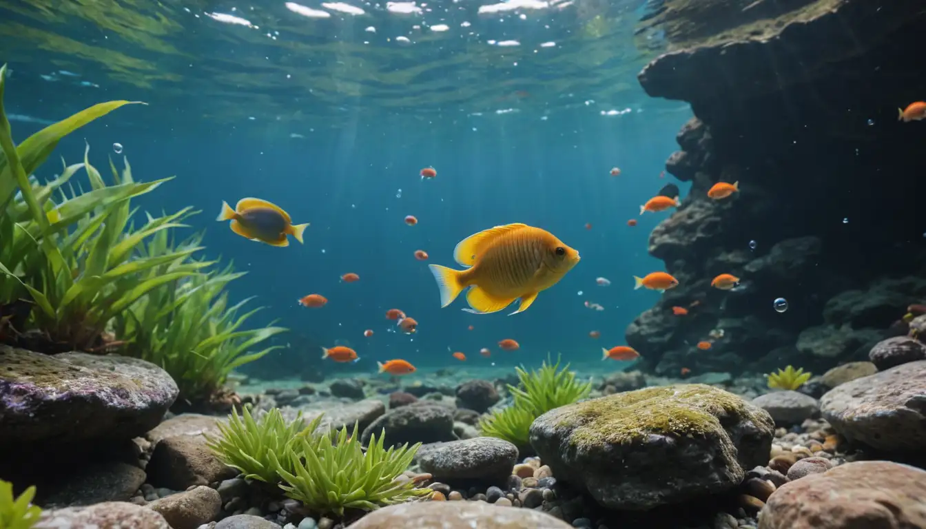 3-5 colorful fish swimming together in a serene aquatic setting, with water plants and rocks visible in the background, highlighting various sizes, shapes and species, possibly with some bubbles or ripples suggesting movement