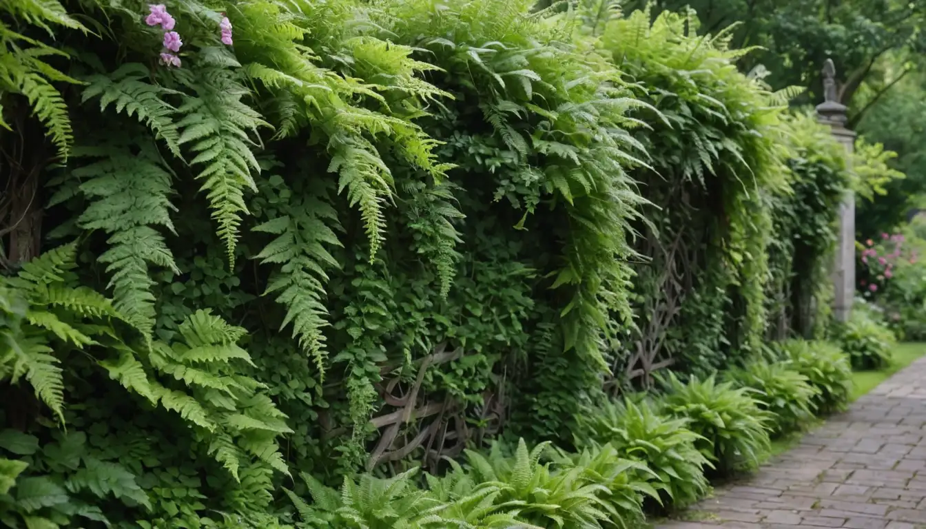 Delicate ferns, lush greenery, geranium flowers in various shades, leafy stems intertwining, vines wrapped around trellises, garden paths, stone edging, rustic fences, natural scenery