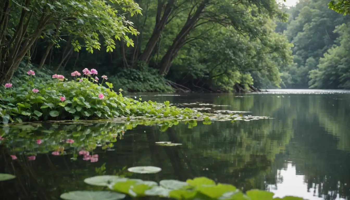 Serene landscape, calm water, lush greenery, geranium leaves, stems and flowers, yoga poses, meditation, peaceful atmosphere, natural setting, subtle lighting, serene colors, tranquility, harmony with nature