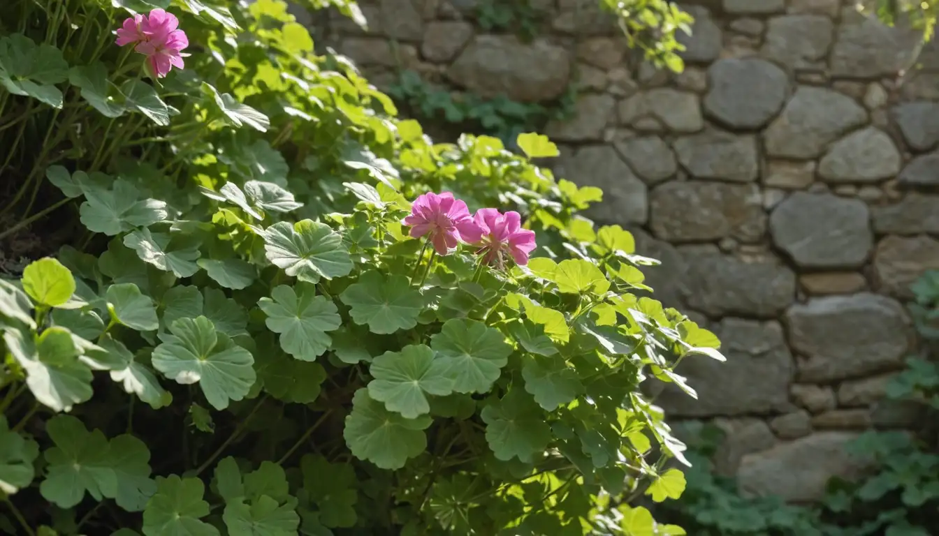 A serene, verdant environment with a sprig of geranium in bloom, surrounded by delicate vines and leaves, with soft sunlight filtering through, showcasing the plants intricate details, set against a soothing natural background, such as stone walls or lush foliage