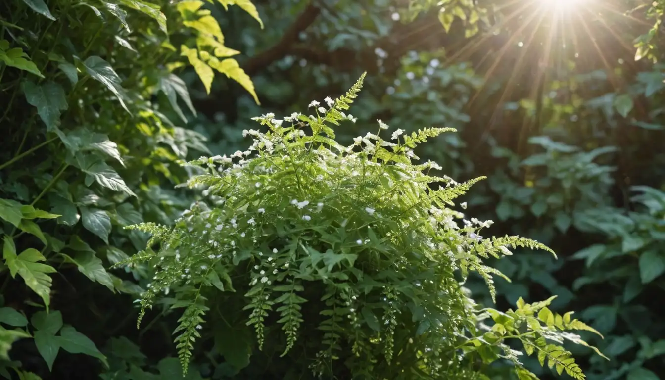 a delicate fern-like plant with tiny white flowers, intertwined with a sprawling ivy plant, in a lush green setting, surrounded by butterflies and bees, with a warm sunlight filtering through the leaves