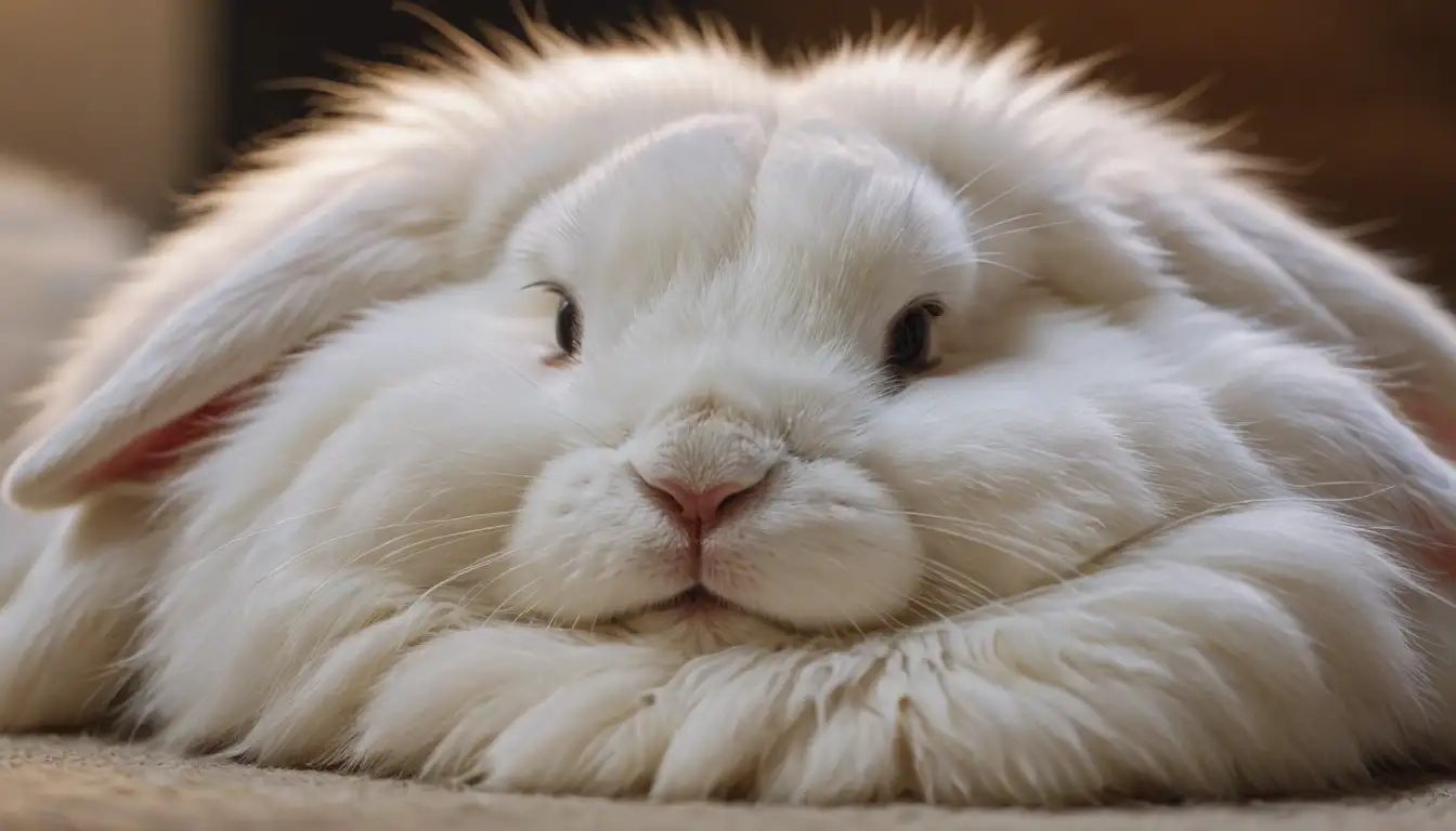 A rabbits head, fluffy white fur, whiskers, eyes closed in sleep, soft lighting, peaceful surroundings, serene atmosphere, calm facial expression, gentle creases around eyes and mouth