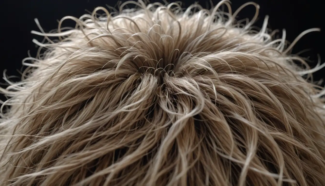 A whimsical illustration of a rabbits fur being pulled out in chaotic curls, surrounded by fluttering hair clippings and loose strands, with some locks forming tiny whirlwinds or spirals