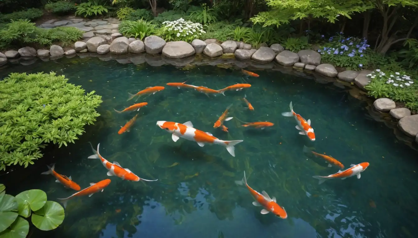 serene water garden setting, tranquil pond atmosphere, koi fish swimming in harmony, vibrant colors of orange, white, and blue scales glistening, lush greenery and blooming flowers surrounding, gentle ripples on waters surface, warm sunlight filtering through trees, peaceful ambiance prevailing