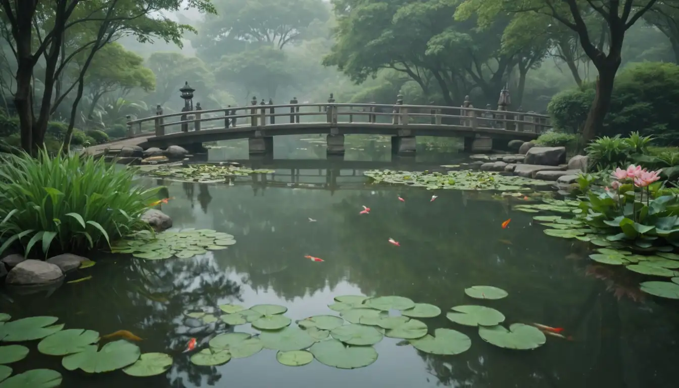 Water, serene pond, lotus flowers, stepping stones, lanterns, misty background, Japanese or Chinese architecture, garden bridge, koi fish swimming amidst lush greenery, soft ripples on waters surface