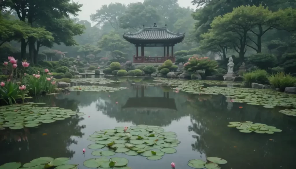 Traditional Oriental-style pond scene
