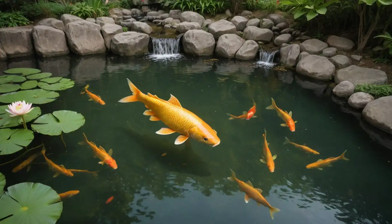 Golden carp swimming amidst lotus flowers, Japanese-style garden scenery with rocks and waterfalls, serene atmosphere with sun setting in background, tranquil pond reflecting the beauty above, Koi fish leaping out of water