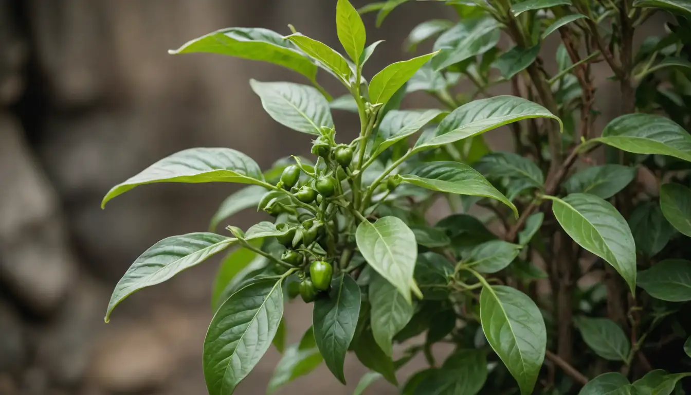 Asian pepper plant, close-up, leafy stem, green pods, wispy roots, earth tones, natural setting, rustic texture