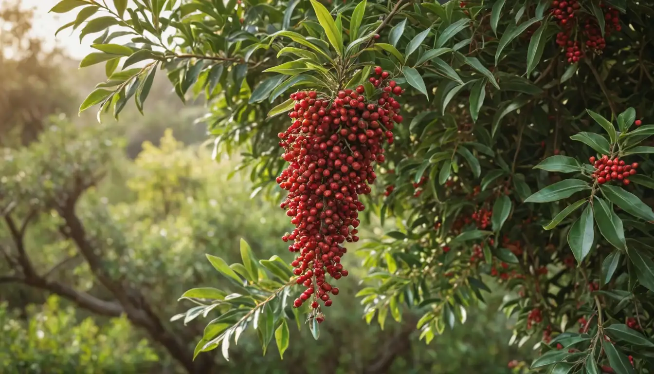 A warm-toned photograph showing a lush, vibrant peppercorn tree with green leaves, clusters of ripe red berries hanging from branches, and a few scattered on the ground, set against a sun-drenched background