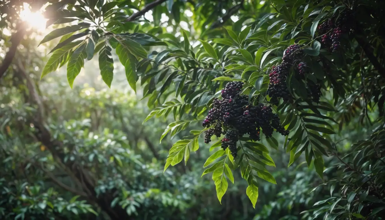 A mature black pepper tree with lush green leaves, dark purple berries hanging from branches, tropical forest background, sunlight filtering through foliage, vibrant colors, botanical illustration style