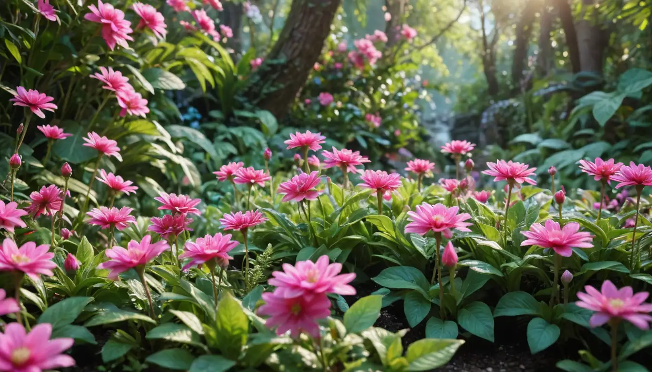 Bright colors, vibrant pink flowers with green leaves, delicate stem, whimsical illustration style, playful patterns, fairy garden ambiance, lush foliage, sparkly details, mystical atmosphere, enchanting scene