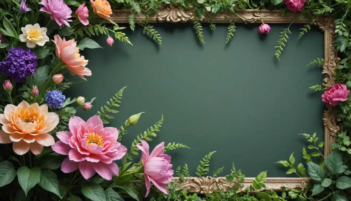 Vibrant flowers, lush foliage, soft petals, delicate stems, regal colors, majestic crown, intricate details, whimsical background, ornate frame, elegant design