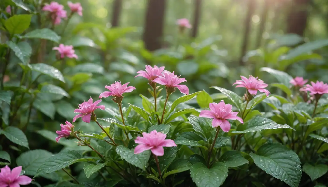 Vibrant pink flowers, delicate racemes, lush green foliage, subtle light filtering through leaves, gentle dew droplets, and a soft blurred background with warm colors