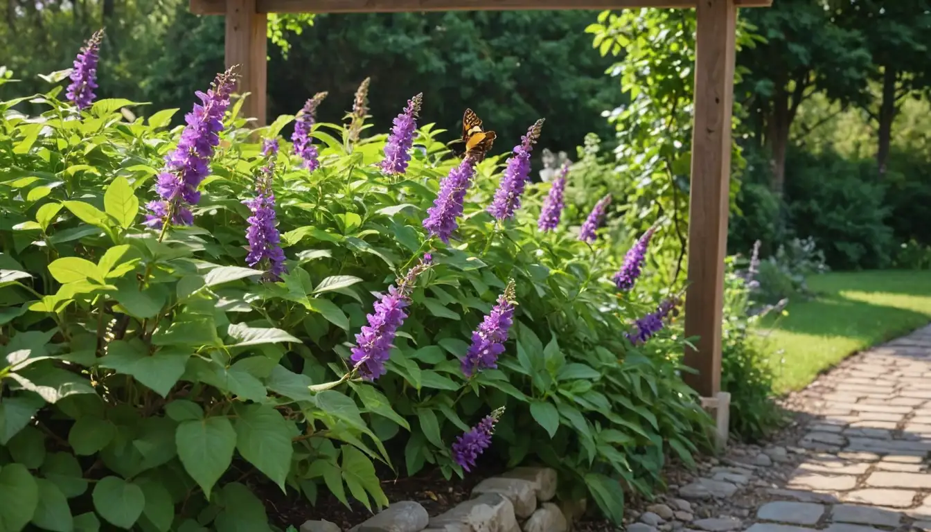 vibrant purple flowers, fluttering butterflies, lush green leaves, sunny sky, garden stones, rustic wooden trellis, verdant foliage, blooming branch, delicate petals, hovering bees, tranquil atmosphere, natural scenery, soft focus, warm colors