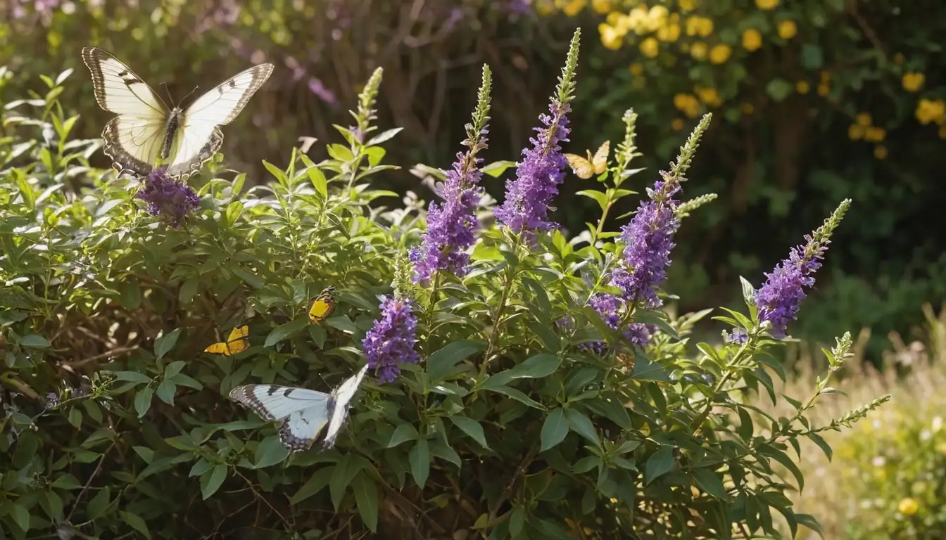 5 ft shrub with vibrant purple flowers, delicate white leaves with soft fuzz, fluttering butterflies, green stems tangled in netting, and a sunny yellow background
