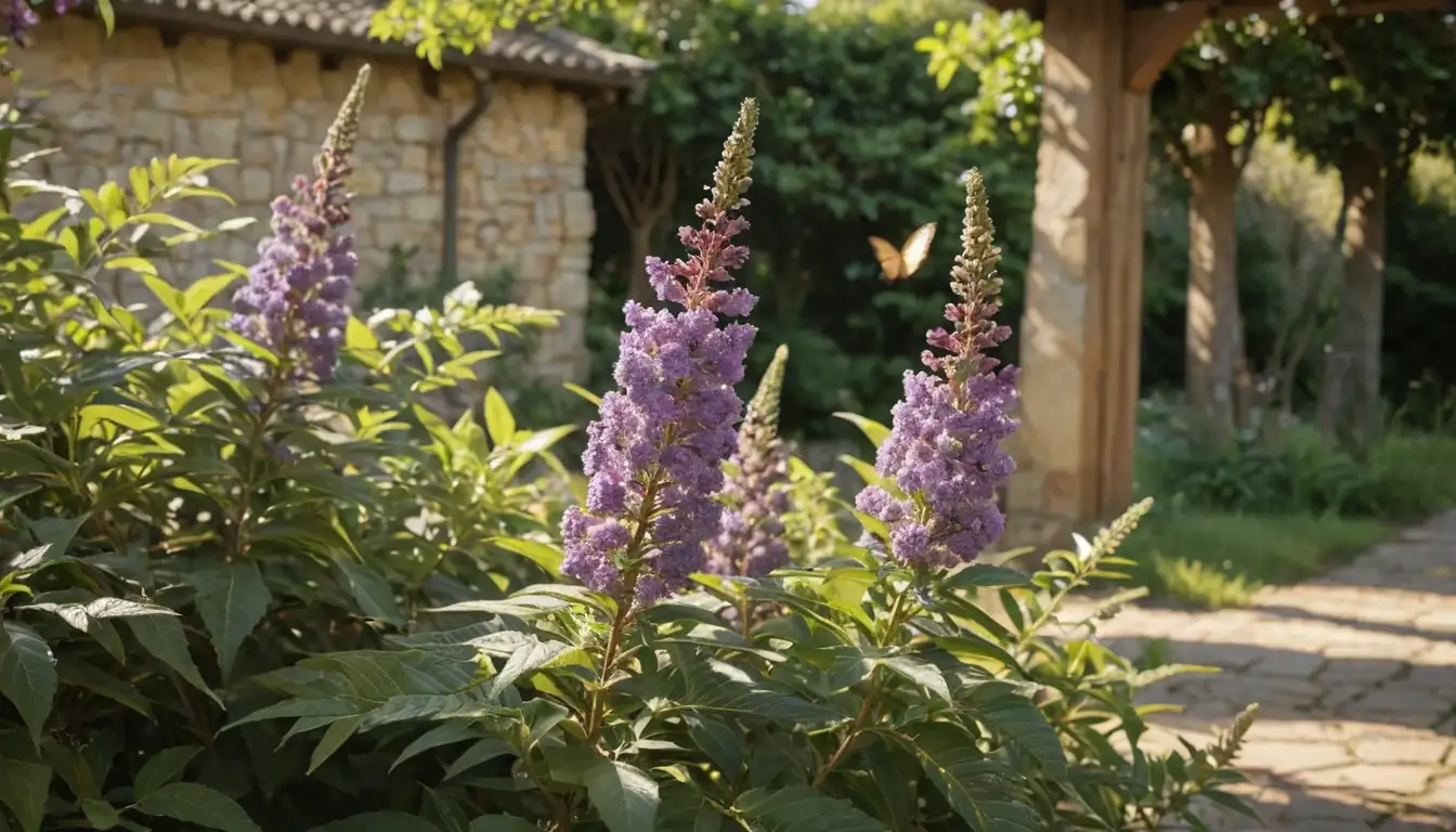 A lush, flowering Buddleja Davidii bush in a warm-toned garden setting, with sunlight filtering through foliage, vibrant butterflies flitting around blooms, and a subtle background of natural stone or wooden structures