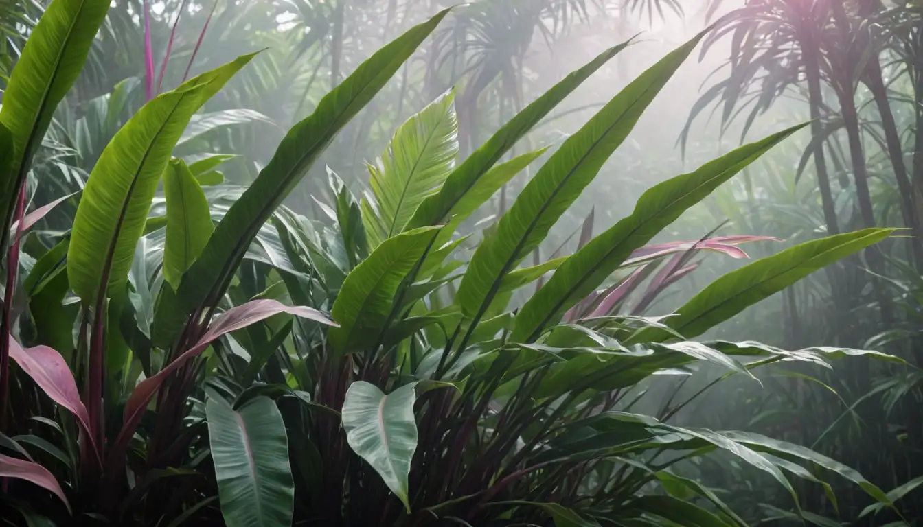 Leaves in shades of green, pink, and purple, delicate stems, tropical landscape, bright indirect light, misty atmosphere, lush foliage, elegant plant species, Cordyline tango, botanical illustration