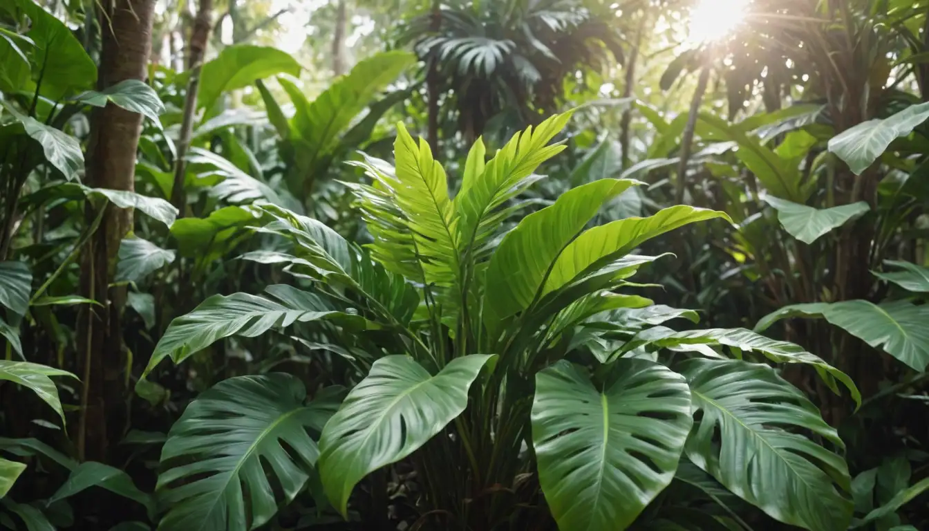 Exotic green foliage, lush leaves, tropical plant, bright sunlight, warm atmosphere, gentle curves, delicate stems, vibrant colors, organic texture