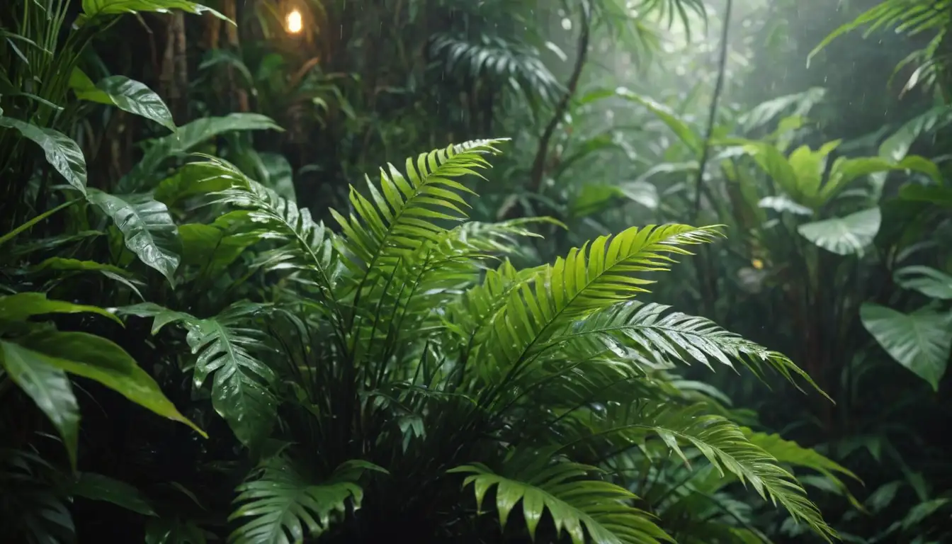 Lush green plants, humidified air, misty atmosphere, water droplets on leaves, delicate fronds, tropical ambiance, warm lighting, vibrant colors, natural surroundings, serene environment, indoor jungle