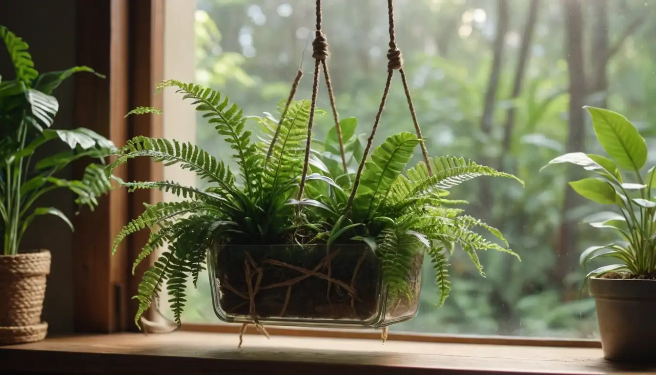 3D plants with lush green leaves, warm sunlight filtering through transparent leaves, brown wooden decorative accents, vintage terrarium glass container, rustic rope plant hangers, delicate orchids and ferns