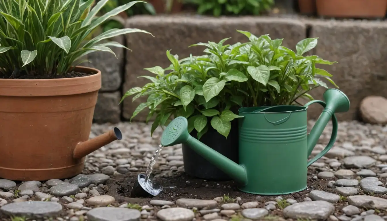 Green plants with leaves and stems, water droplets on soil, a watering can or hose in the background, a maceta or planter with a low plate, possibly some decorative stones or pebbles
