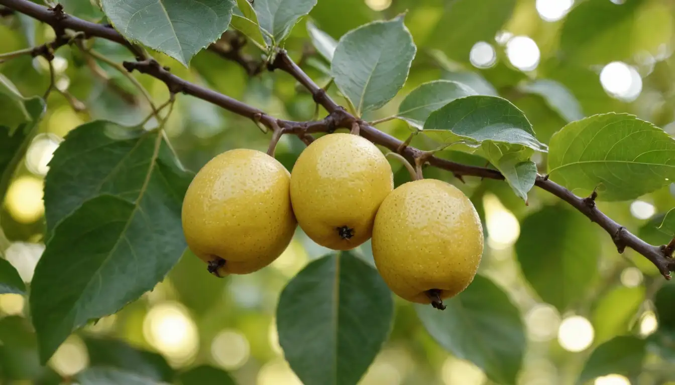 ripe yellowish-green fruit with smooth surface, elliptical shape, small size, scattered tiny brown spots, growing on a tree or bush with branches and leaves, warm sunny background