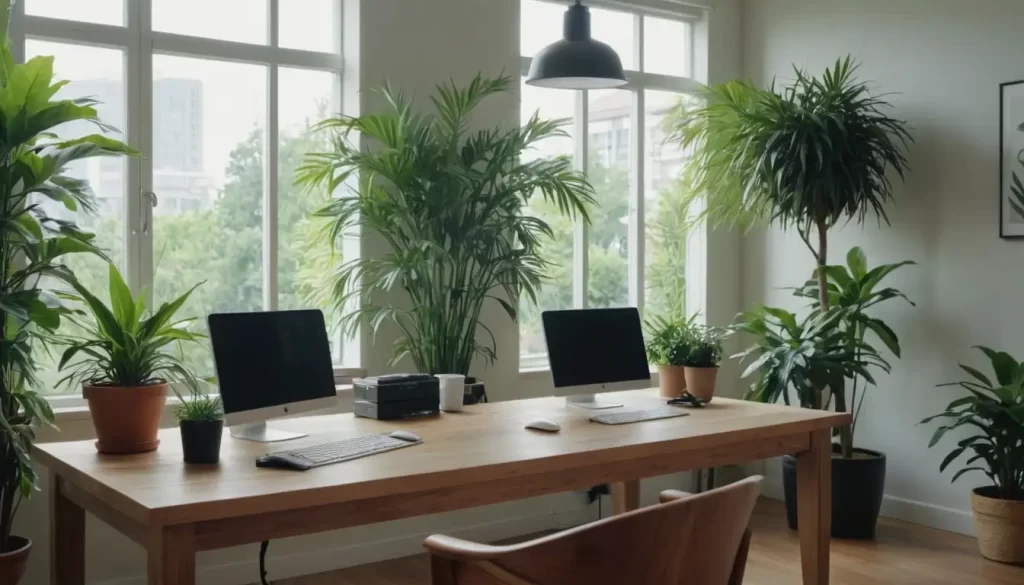 A minimalist office space with lush greenery