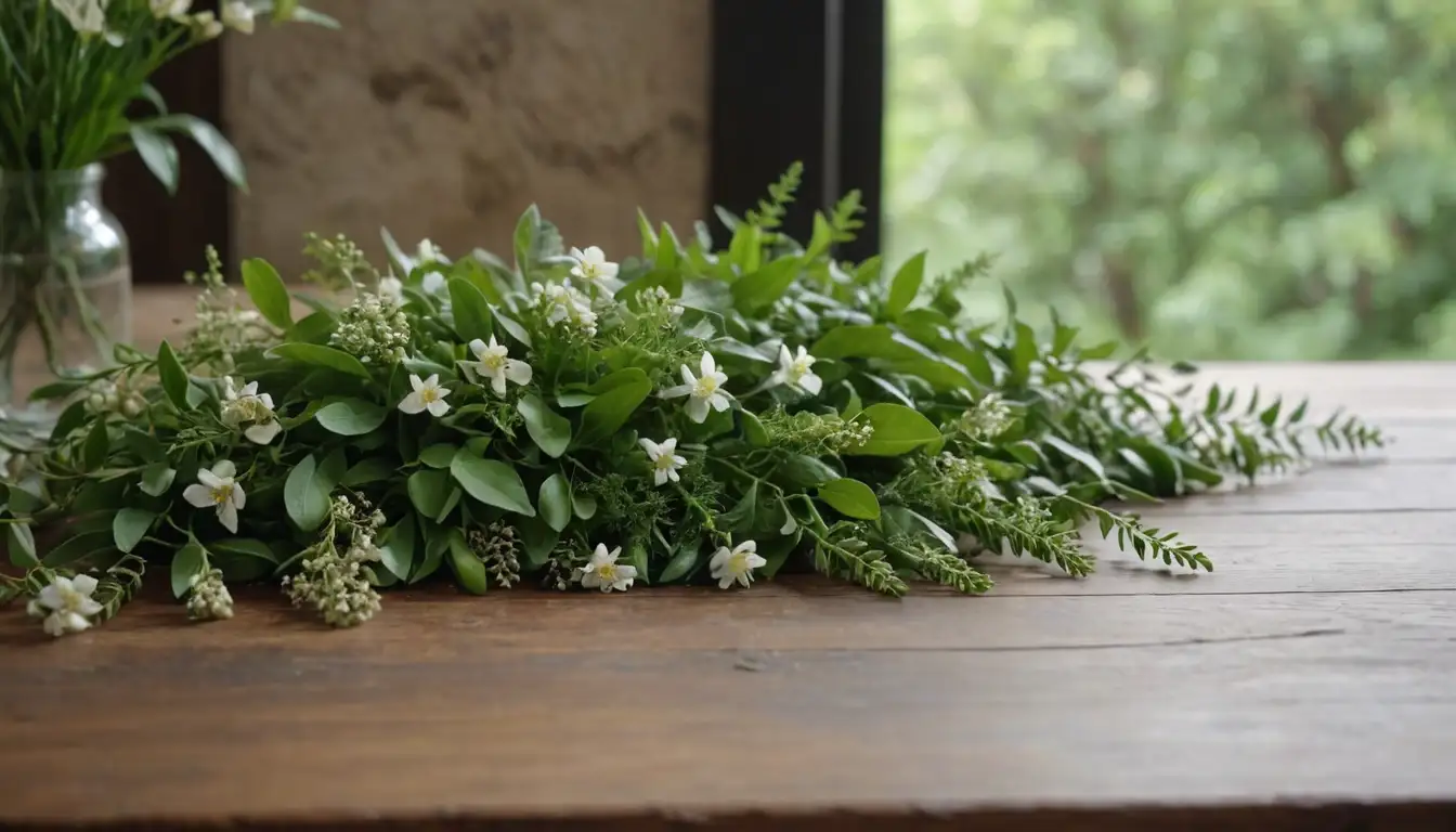 4-6 sprigs of greenery, lush leaves, and delicate flowers on a wooden table or desk, with a subtle blurred background of natural elements like trees, stones, or water, featuring earthy tones and soft light