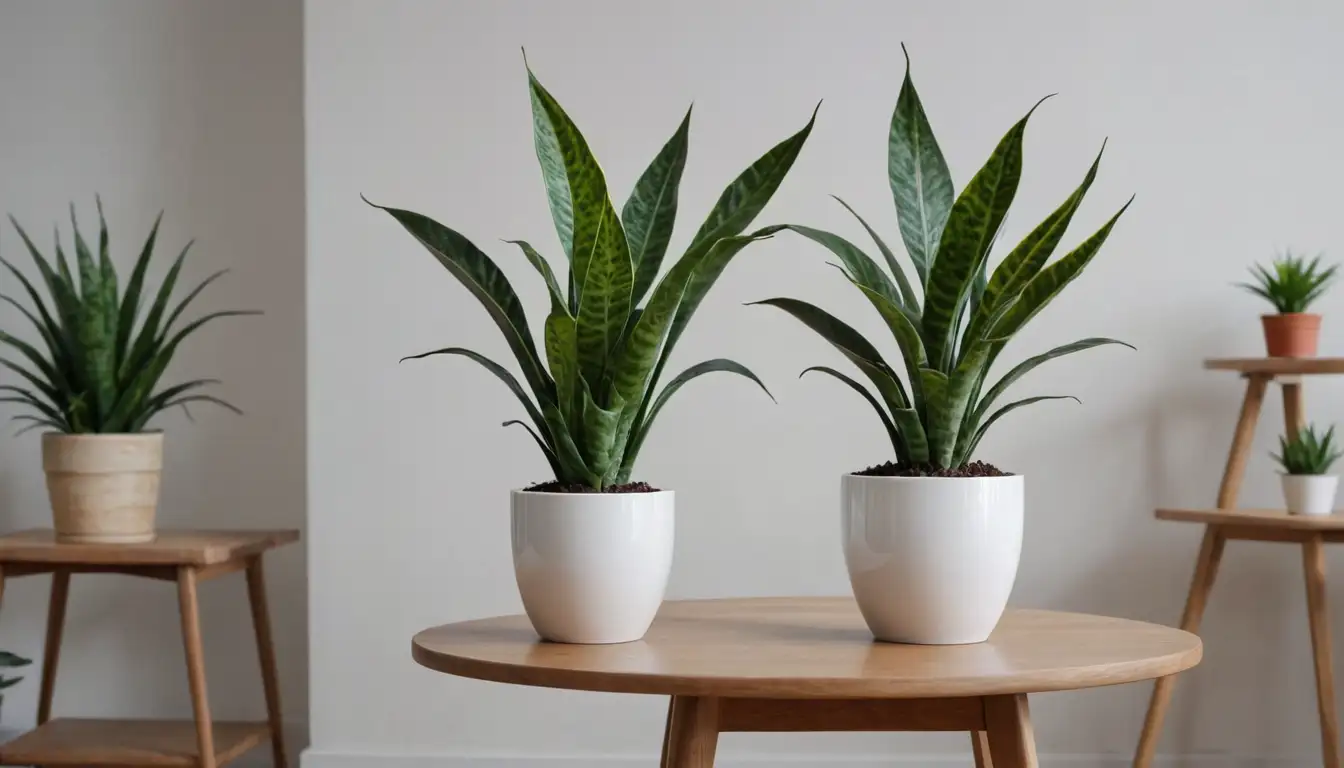 Modern office space, natural light pouring in, minimalist decor, stylish chair, green plant pot, Sansevieria (Lengua de Tigre) standing tall, simple white vase, wooden table, calm atmosphere