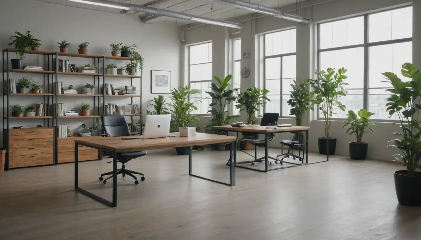 A minimalist office setting with a few plants on desks or shelves, natural light filtering in, wood or industrial-chic decor, possibly a few potted plants on floor, modern furniture, and a splash of greenery to bring calm ambiance