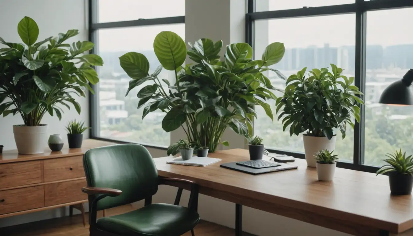 A serene office space with greenery, lush peperomia plants scattered on a wooden desk, a modern chair in the corner, calming natural light pouring through large windows, minimalist decor, and a few decorative objects