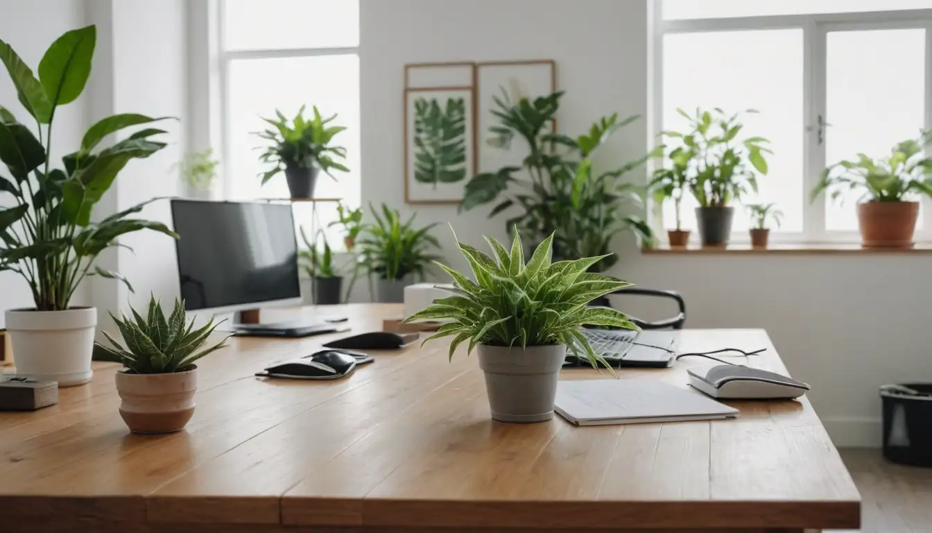 Plants on desk, minimalist office, wooden floor, green plants, white walls, natural light, calm atmosphere, people working in background, industrial chic decor, vintage furniture, neutral colors, subtle textures, geometric shapes