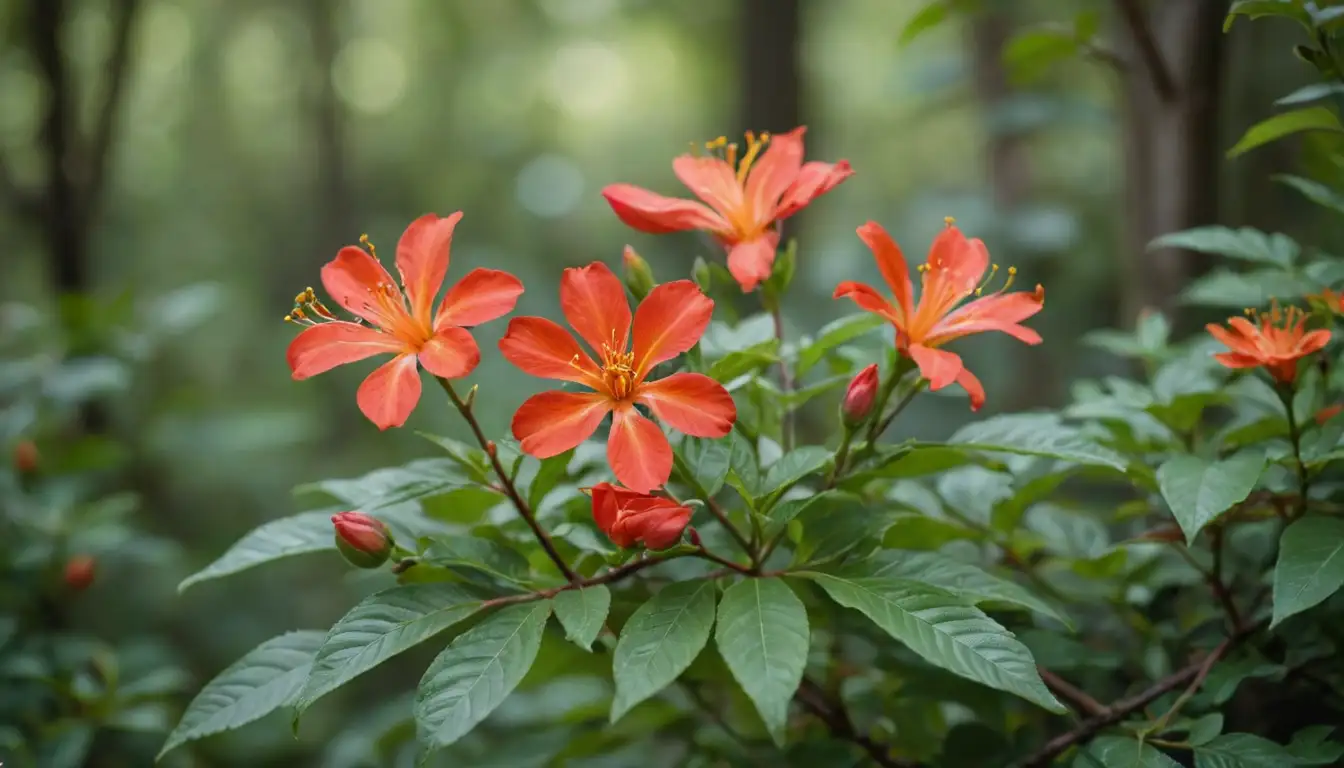 Red flowers with bright orange centers, delicate petals, and slender stems, amidst green leaves on a branch or bush, against a vibrant background, with some blurred foliage in the distance