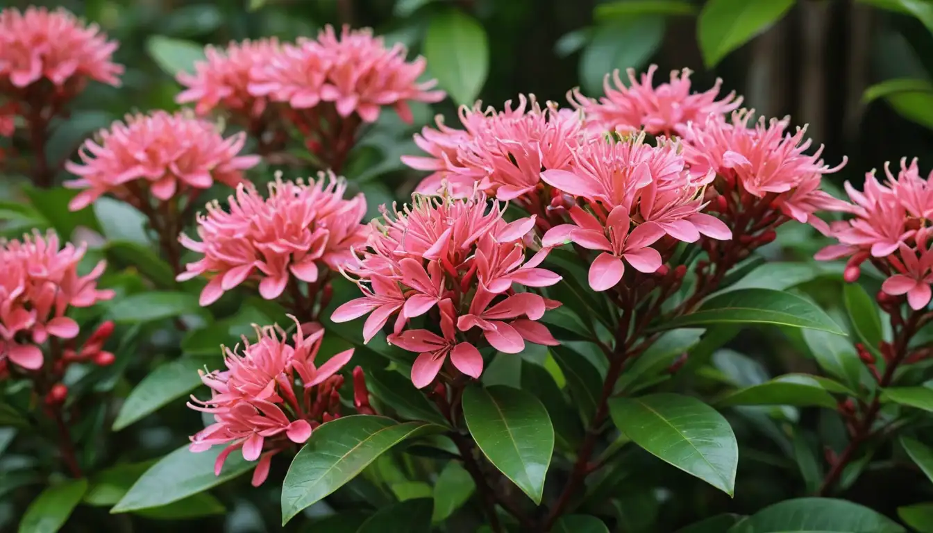 1-3 bright pink or white-purple flowers on a green stem, Ixora bush with dense foliage, possibly some leaves with red undersides, blurred background to emphasize vibrant flowers